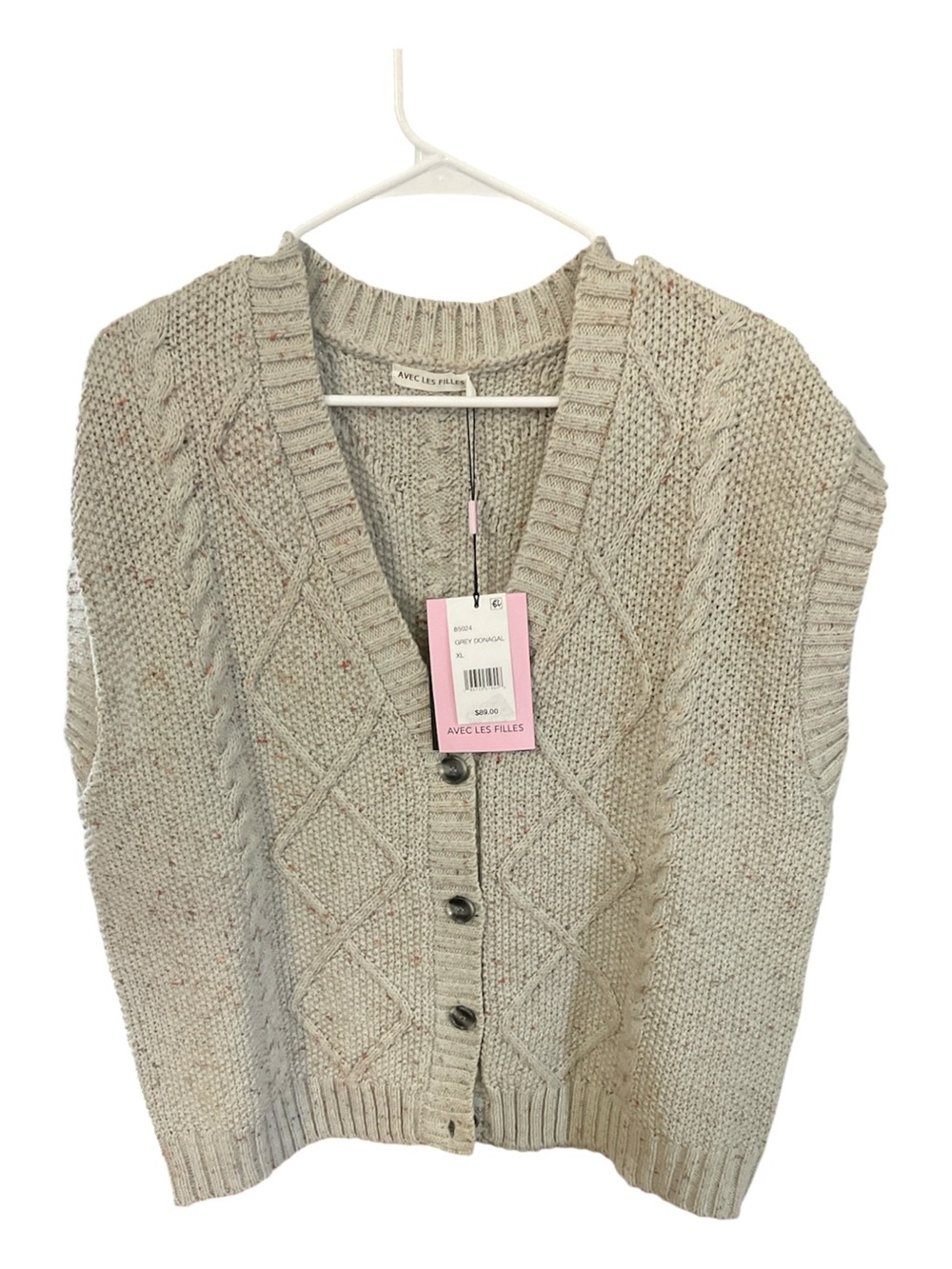 NWT Avec Les Filles Grey Donegal Cable Knit Cardigan Vest - Size XL - MSRP $89